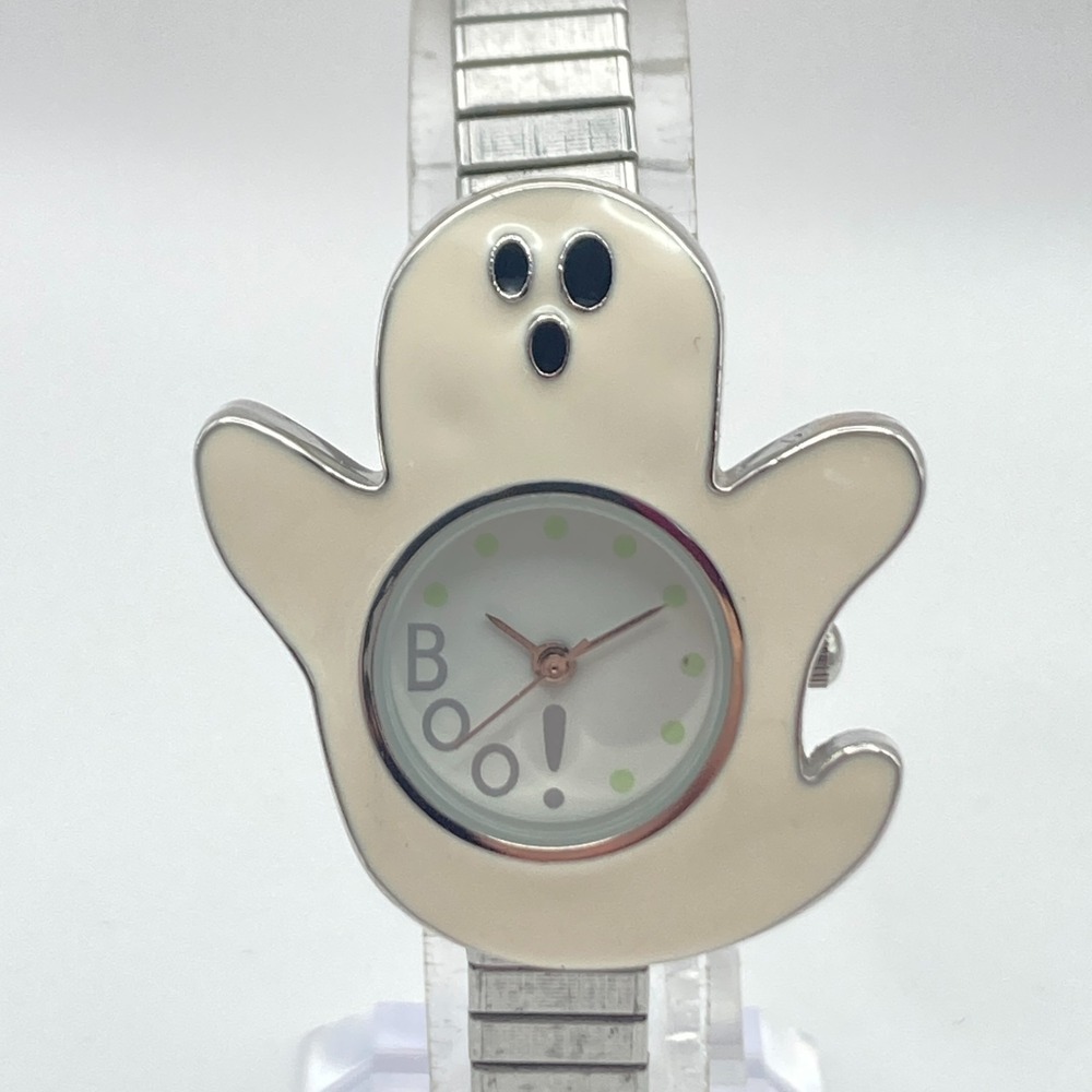 Halloween Women's Watch Silver Tone Enamel Ghost Stretch Band New Battery 6.75"
